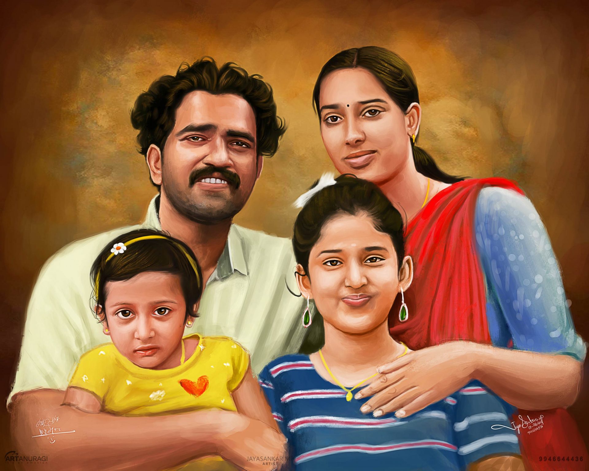 A Beautiful Portrait Painting of Kerala Malayalam Movie Lyricist Sujesh Hari Family Painting by Artist Jayasankar MP ArtAnuragi.