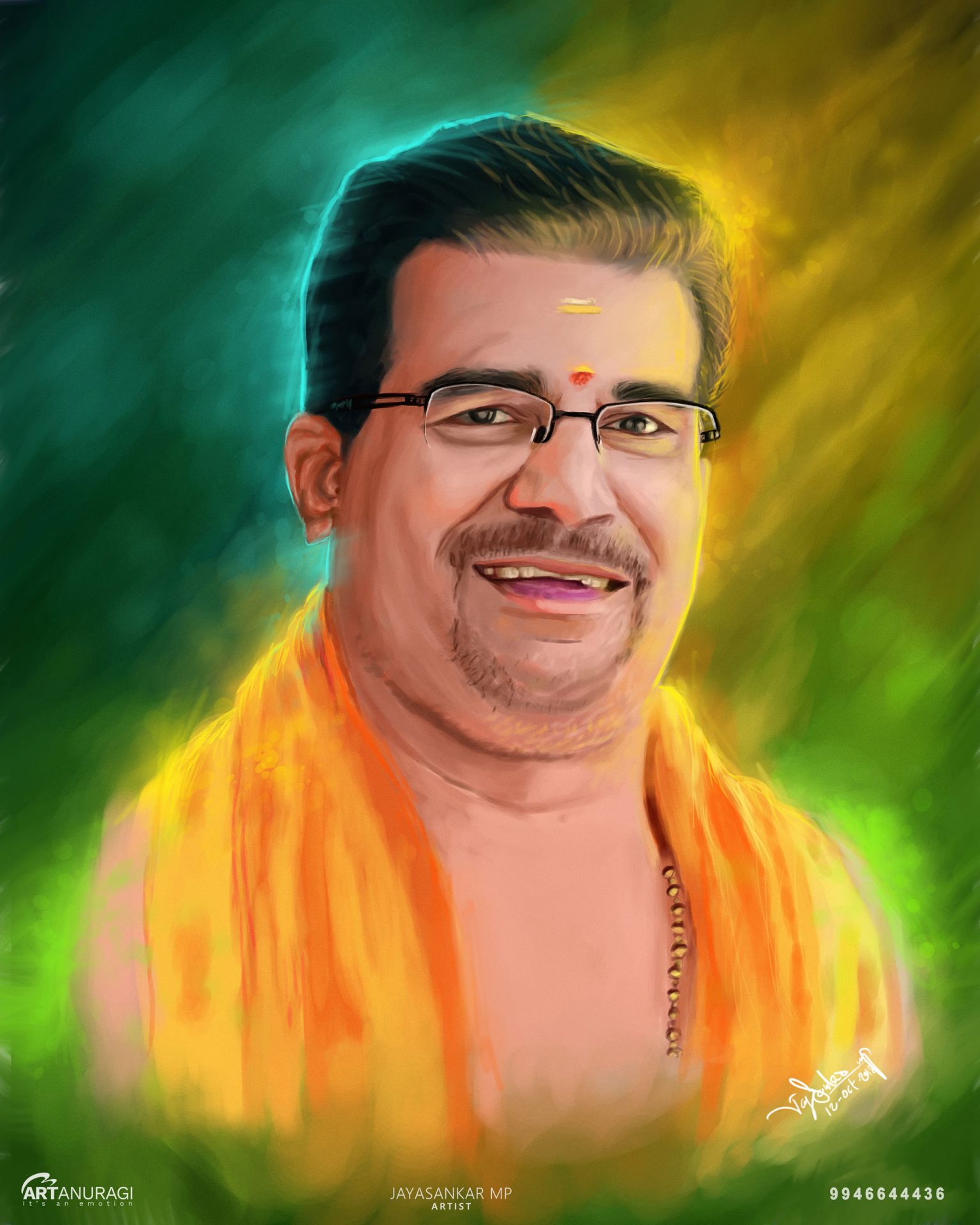 A Beautiful Portrait Painting of Swami Udit Chaithanya by Artist Jayasankar MP ArtAnuragi.