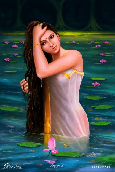 Sairanthri beautiful Raja ravi varma inspired bathing beauty painting