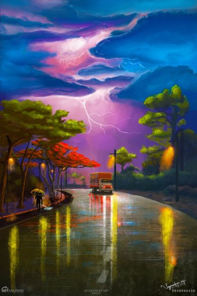 Painting of a Rainy evening day with road and sky